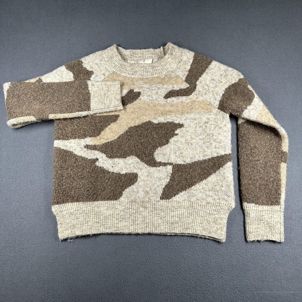 MOTH Sweater Womens Small Brown Camo Knit Pullover Crewneck Raglan Stretch